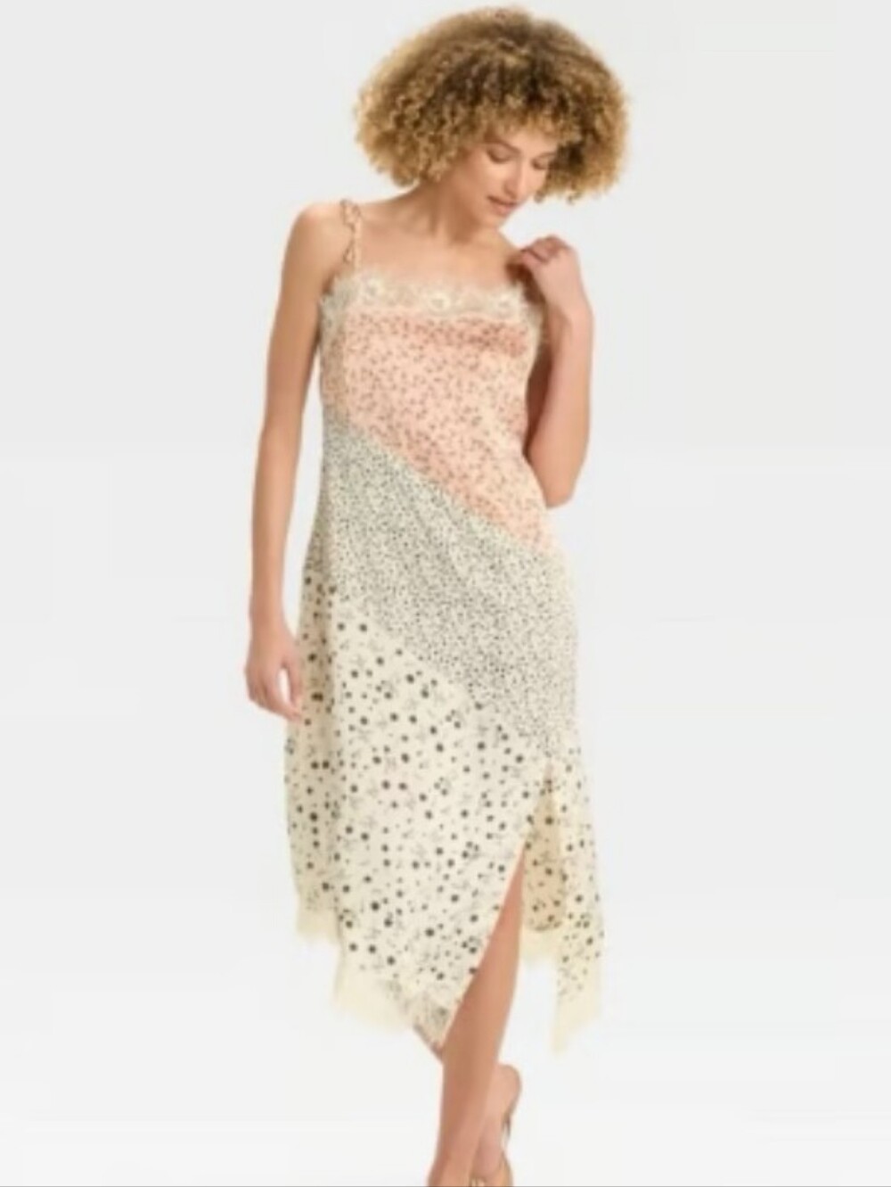 Future Collective Midi Slip Dress Pink Cream Lace Trim Patchwork - Picture 2 of 6